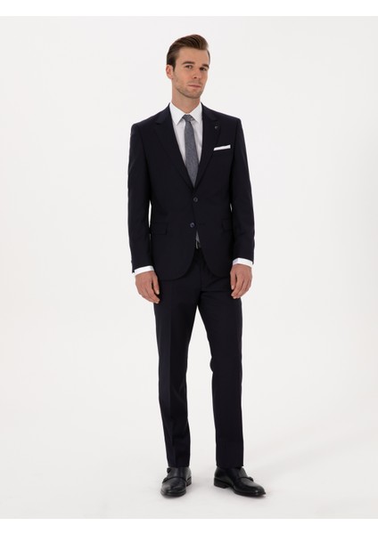 Erkek Lacivert Slim Fit %100 Yün Mono Yaka Basic Takım Elbise 50310082-VR033