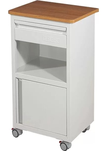 Ara Bölmeli Hasta Başı Komodini | Ahşap Üst Tablalı, Çekmeceli ve Dolaplı, Antistatik Tekerlekli E-271