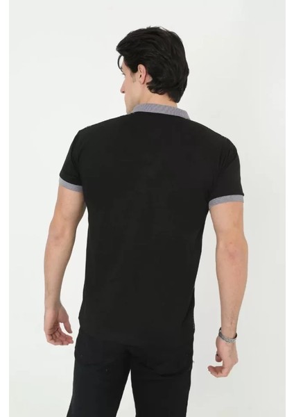 Erkek Yakalı Slim Fit Baskılı T-Shirt - Siyah fiyatları