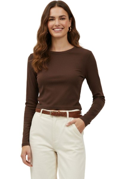 Kahve Premium/Viskoz Yumuşak Kumaşlı Parmak Geçmeli Crop Bluz 8162A