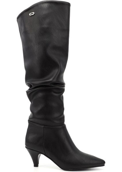 Kadın Siyah Sivri Burun Körüklü İnce Topuklu Çizme