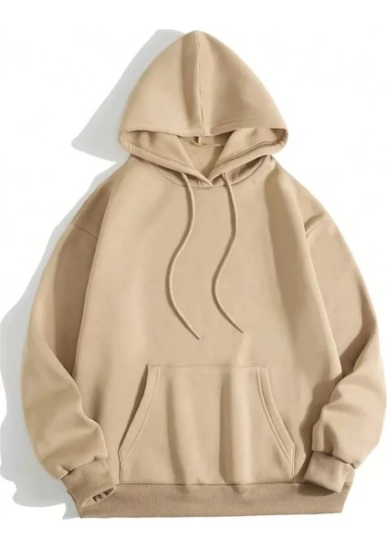 Erkek Düz Kapüşonlu Sweat - Bej