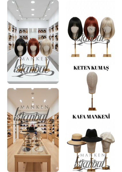 Kumaş Kaplı Gold Standlı Polyester Kafa Mankeni Aksesuar Mankeni Şapka Mankeni Peruk Mankeni