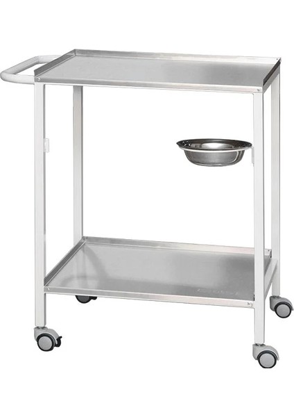 Paslanmaz Çelik Tek Taslı Pansuman Arabası | Paslanmaz Üst ve Alt Tezgahlı, Antibakteriyel Metal Gövde, Antistatik Tekerlekli, Itme Kollu E-252
