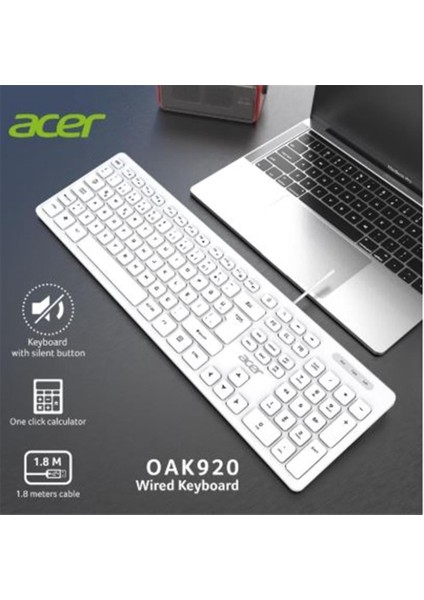 OAK920 Q USB Beyaz 1.8mt Kablolu Klavye-Tek Tuş Hesap Makinalı (Sessiz Tuş)