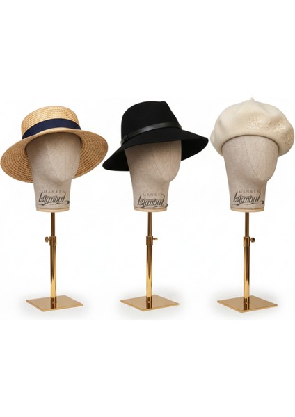 Kumaş Kaplı Gold Standlı Polyester Kafa Mankeni Aksesuar Mankeni Şapka Mankeni Peruk Mankeni modelleri
