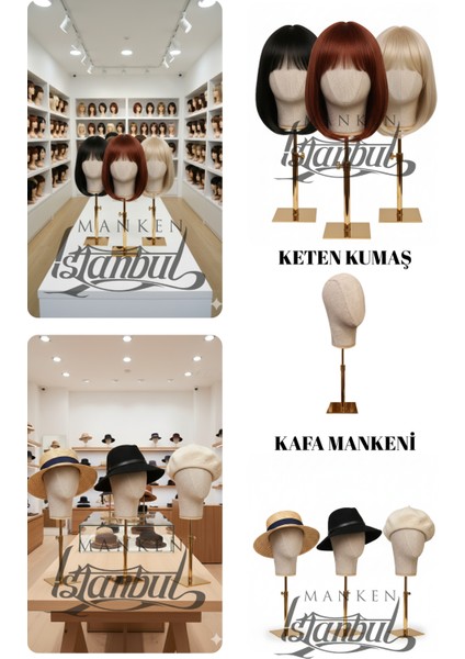 Kumaş Kaplı Gold Standlı Polyester Kafa Mankeni Aksesuar Mankeni Şapka Mankeni Peruk Mankeni indirimleri