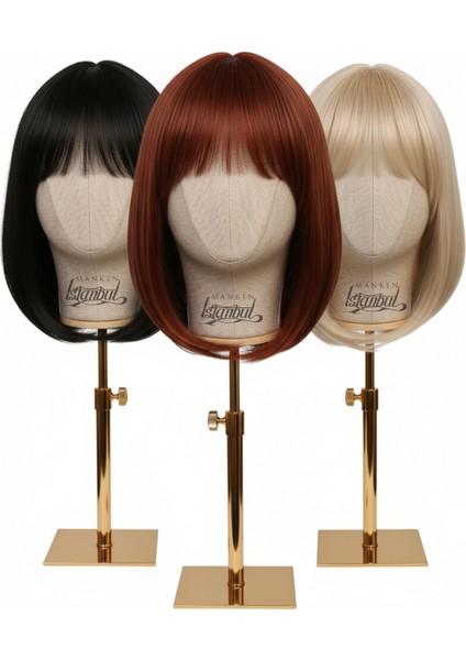Kumaş Kaplı Gold Standlı Polyester Kafa Mankeni Aksesuar Mankeni Şapka Mankeni Peruk Mankeni