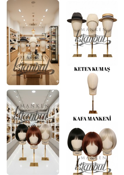 Kumaş Kaplı Gold Standlı Polyester Kafa Mankeni Aksesuar Mankeni Şapka Mankeni Peruk Mankeni