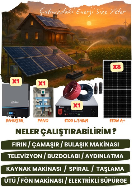 11 Kw Monofaze Güneş Paneli Sistemi (4,4 Kwp/5,12 Kwh Depolama) - 8P11K1L-D