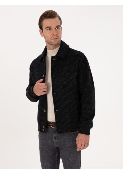 Erkek Lacivert Yün Karışımlı Flanel Kaşe Kaban 50311618-VR033