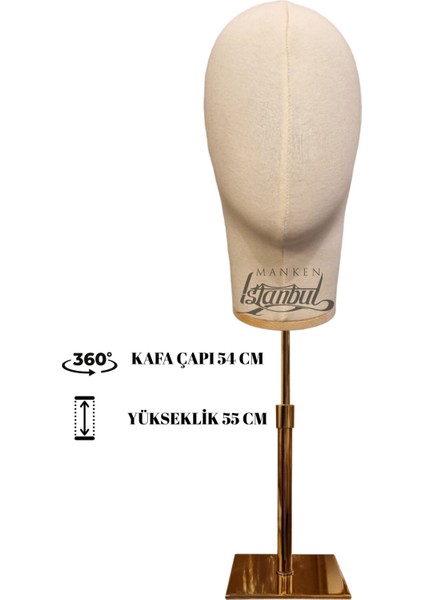 Kumaş Kaplı Gold Standlı Polyester Kafa Mankeni Aksesuar Mankeni Şapka Mankeni Peruk Mankeni