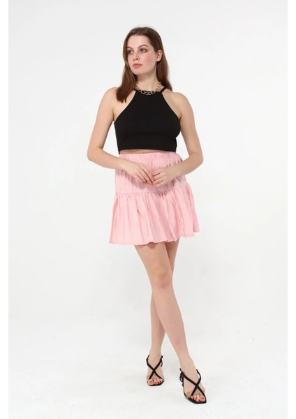 Düz Pembe Renk Beli Lastikli Şort Etek