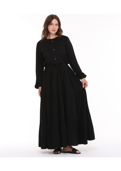 Viskon Kumaş Siyah Uzun Tesettür Elbise