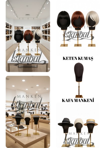 Kumaş Kaplı Gold Standlı Polyester Kafa Mankeni Aksesuar Mankeni Şapka Mankeni Peruk Mankeni