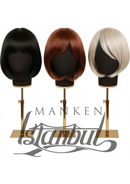 Kumaş Kaplı Gold Standlı Polyester Kafa Mankeni Aksesuar Mankeni Şapka Mankeni Peruk Mankeni