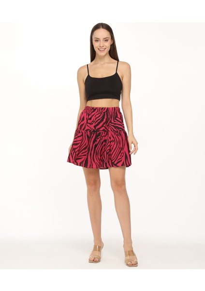 Şifon Krep Kumaş Pembe Zebra Desenli Şort Etek