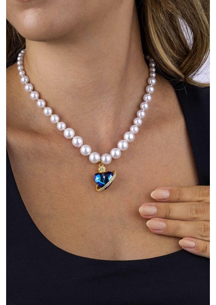Mavi Kalp Motifli Inci Taneli Altın Kaplama Kadın Çelik Kolye