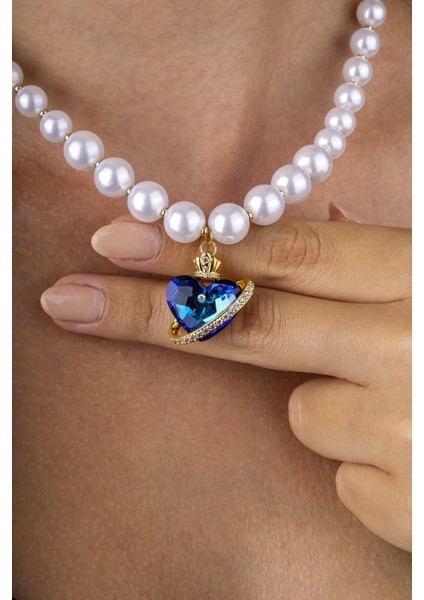 Mavi Kalp Motifli Inci Taneli Altın Kaplama Kadın Çelik Kolye fiyatları