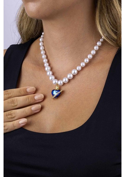 Mavi Kalp Motifli Inci Taneli Altın Kaplama Kadın Çelik Kolye modelleri