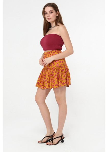 Beli Lastikli Viskon Kumaş Çiçek Desenli Turuncu Şort Etek