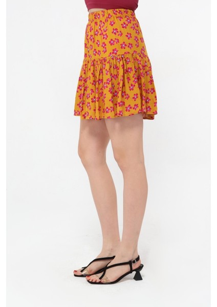 Beli Lastikli Viskon Kumaş Çiçek Desenli Turuncu Şort Etek fırsatları