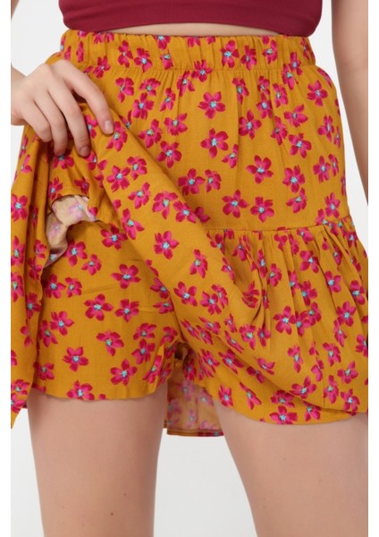 Beli Lastikli Viskon Kumaş Çiçek Desenli Turuncu Şort Etek