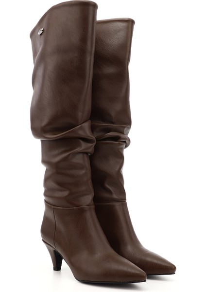 Kadın Kahverengi Sivri Burun Körüklü İnce Topuklu Çizme fiyatları