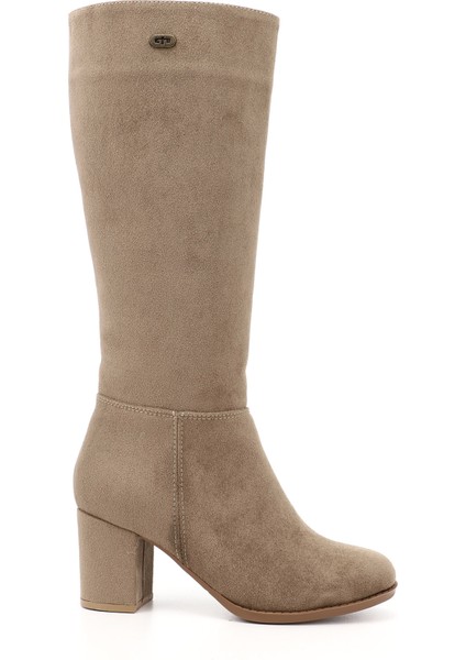 Kadın Vizon Süet Yuvarlak Burun Fermuarlı Kalın Topuklu Çizme