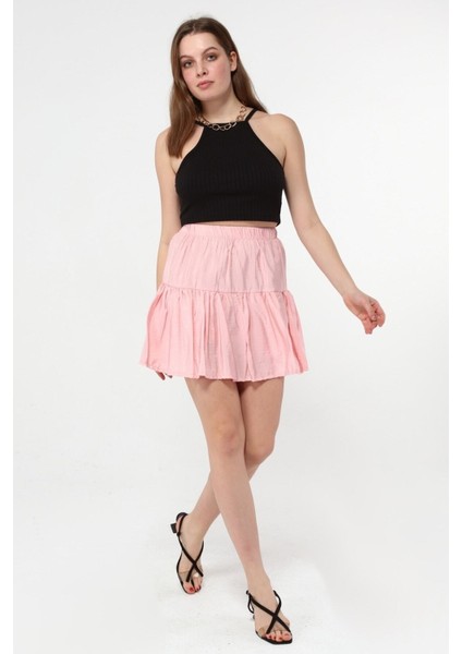 Düz Pembe Renk Beli Lastikli Şort Etek fiyatları