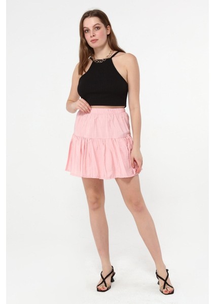 Düz Pembe Renk Beli Lastikli Şort Etek modelleri
