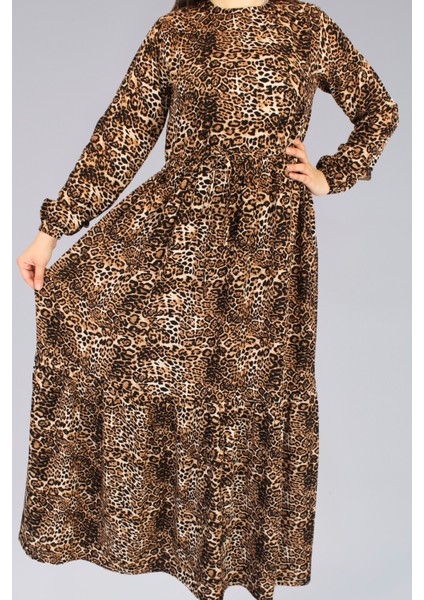 Leopar Desenli Viskon Kumaş Uzun Tesettür Elbise