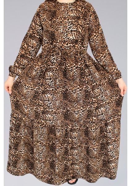 Leopar Desenli Viskon Kumaş Uzun Tesettür Elbise fiyatları