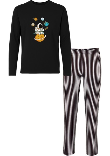 Erkek Pamuklu Uzun Kollu Üst Astronot Baskılı Alt Çizgili Pijama Takımı