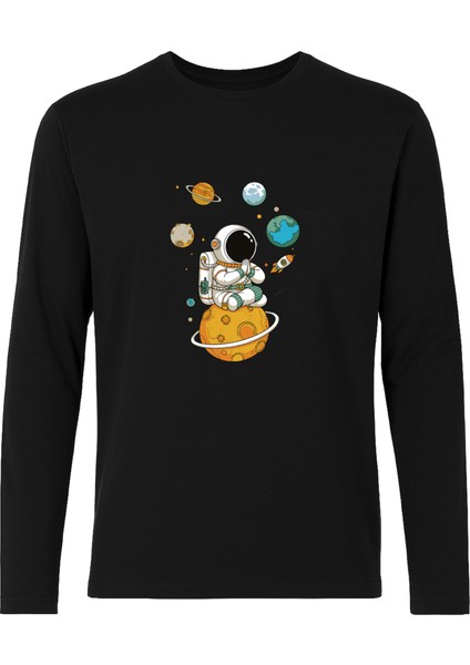 Erkek Pamuklu Uzun Kollu Üst Astronot Baskılı Alt Çizgili Pijama Takımı fiyatları