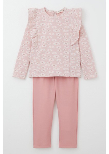 Kız Çocuk Taytlı Takım Çiçek Desenli Fırfırlı Pembe 3-7 Yaş