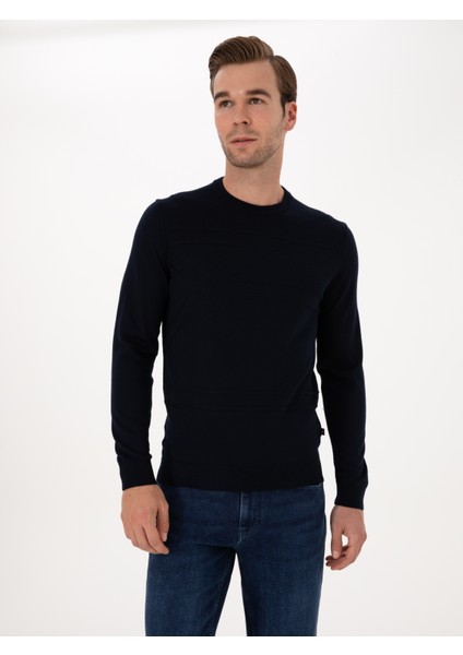 Erkek Lacivert Slim Fit Yün Karışımlı Bisiklet Yaka Triko Kazak 50311869-VR033