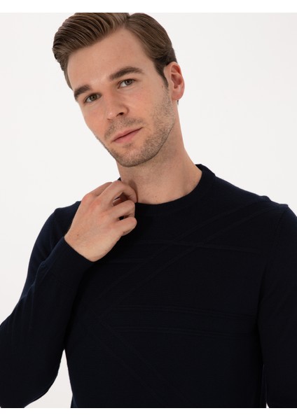 Erkek Lacivert Slim Fit Yün Karışımlı Bisiklet Yaka Triko Kazak 50311869-VR033 fiyatları