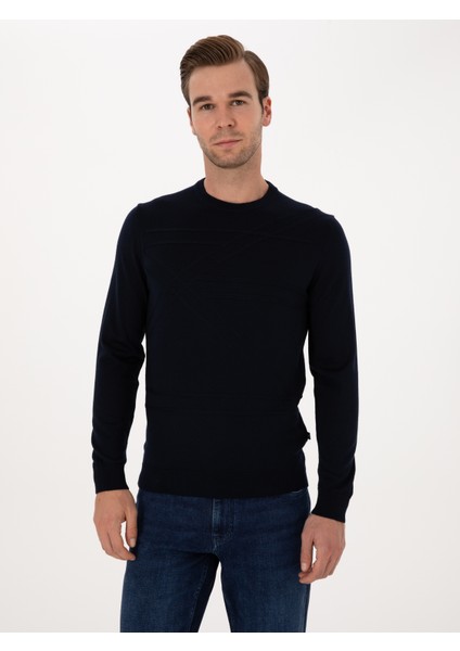 Erkek Lacivert Slim Fit Yün Karışımlı Bisiklet Yaka Triko Kazak 50311869-VR033 modelleri