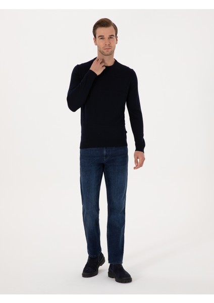 Erkek Lacivert Slim Fit Yün Karışımlı Bisiklet Yaka Triko Kazak 50311869-VR033 fırsatları