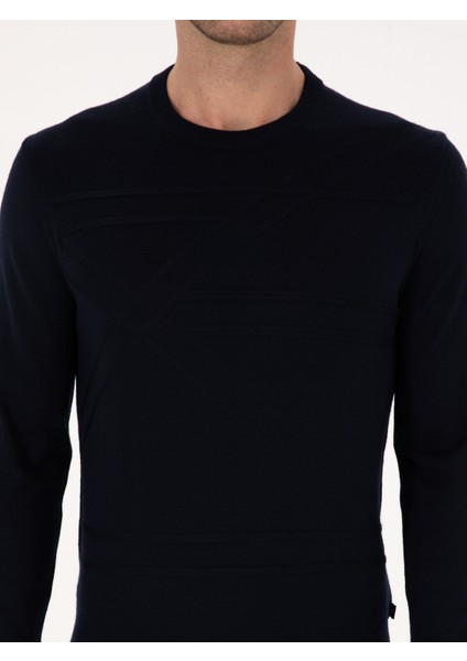 Erkek Lacivert Slim Fit Yün Karışımlı Bisiklet Yaka Triko Kazak 50311869-VR033