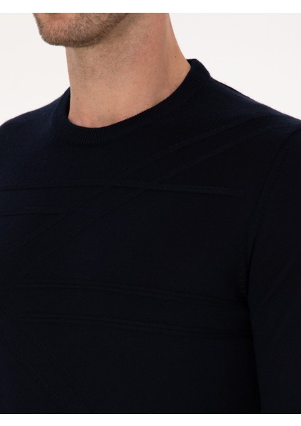 Erkek Lacivert Slim Fit Yün Karışımlı Bisiklet Yaka Triko Kazak 50311869-VR033