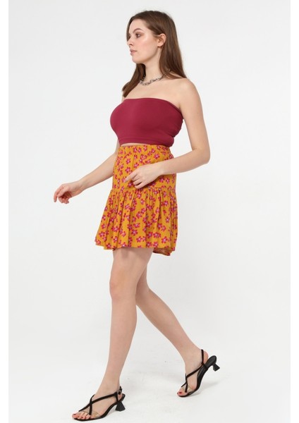 Beli Lastikli Viskon Kumaş Çiçek Desenli Turuncu Şort Etek fiyatları