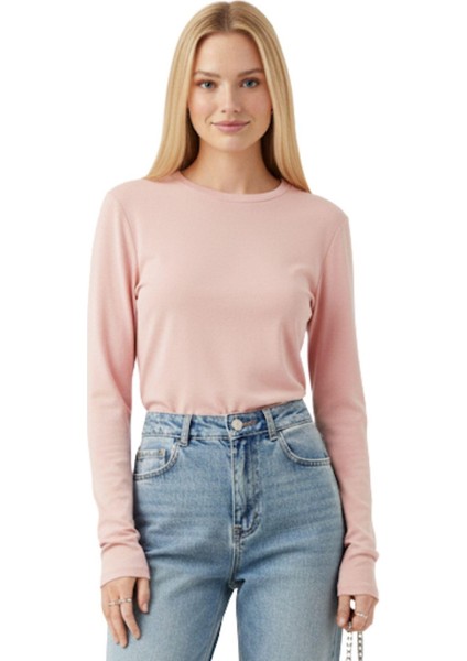 Pembe Premium/Viskoz Yumuşak Kumaşlı Parmak Geçmeli Crop Bluz 8162A