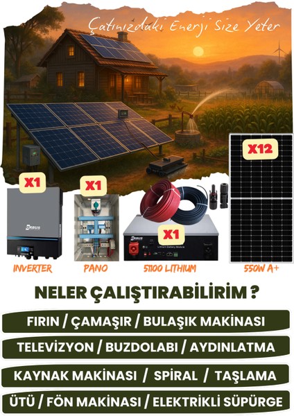 11 Kw Monofaze Güneş Paneli Sistemi (6,6 Kwp/5,12 Kwh Depolama) - 12P11K1L-D