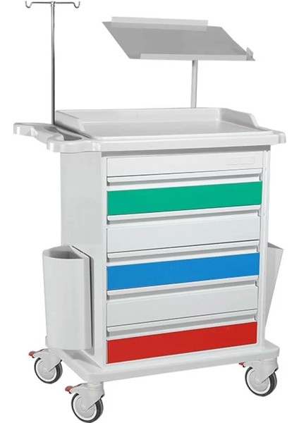 Acil Pansuman Arabası | 5 Çekmeceli, Monitör Sehpalı, Abs Tezgahlı, Antistatik Tekerlekli E-260/A