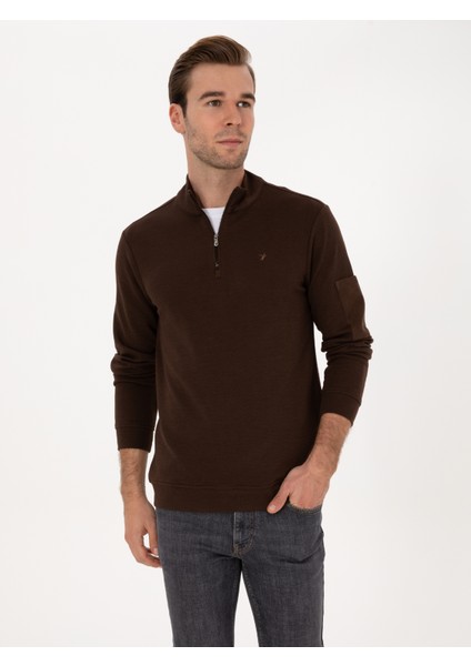 Erkek Koyu Kahverengi Regular Fit Yarım Fermuarlı Sweatshirt 50309768-VR084