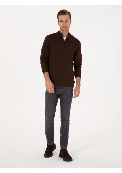 Erkek Koyu Kahverengi Regular Fit Yarım Fermuarlı Sweatshirt 50309768-VR084
