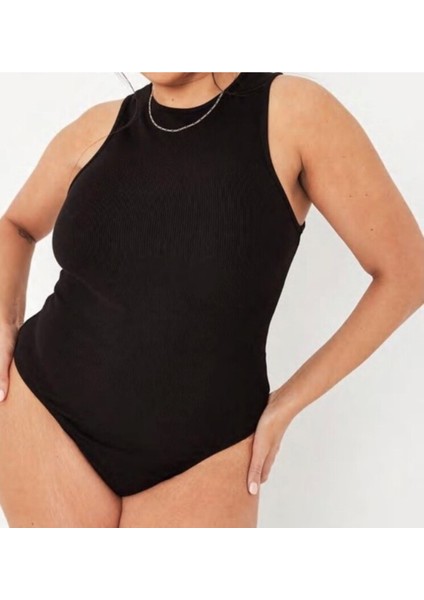 Büyük Beden Halter Yaka Esnek Çıtçıtlı Örme Body