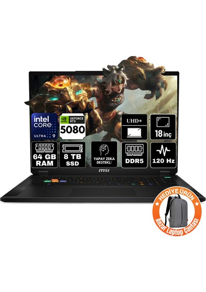 Msı Stealth 18 Hx Aı Intel Core Ultra 9 275HX 64GB 8tb SSD RTX5080 16GB Windows 11 Pro 18" 120Hz Taşınabilir Bilgisayar A2XWIG-021TR-A3